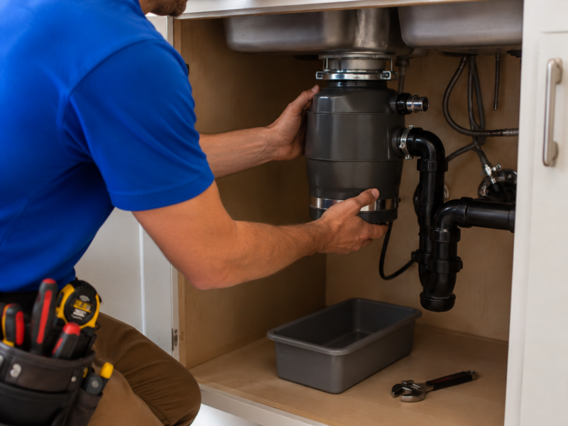 Handyman installing a garbage disposal beneath a kitchen sink and reconnecting drain plumbing.