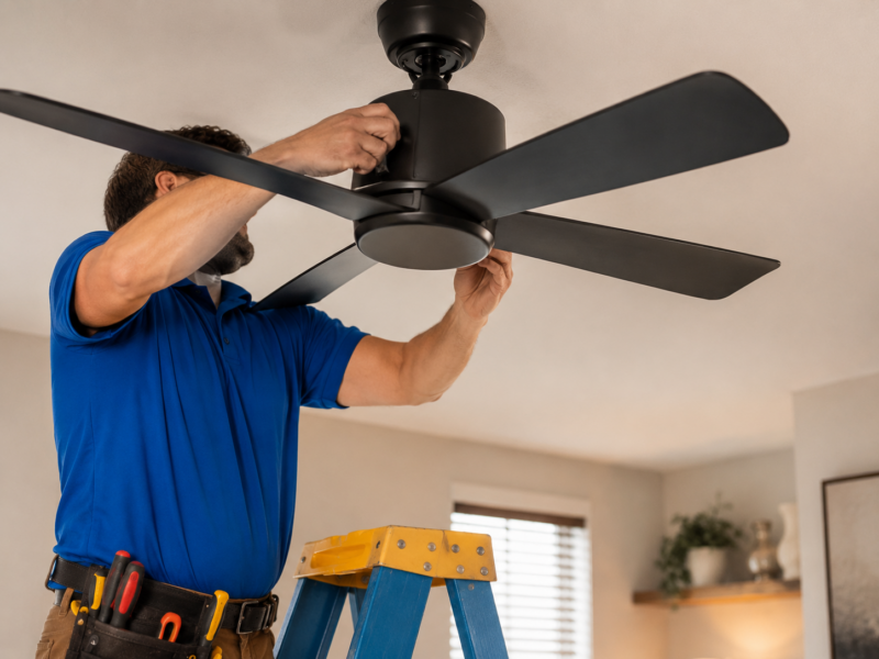 Handyman installing a modern ceiling fan from a step ladder in a residential living space.