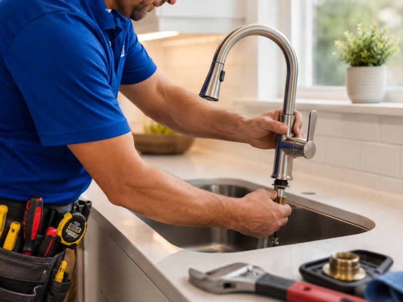 Handyman installing a new pull-down kitchen faucet at a stainless steel sink.
