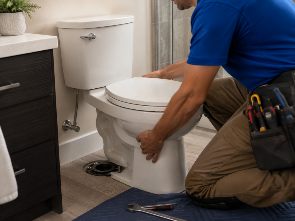 Handyman positioning a new toilet over the floor flange during a residential bathroom installation.