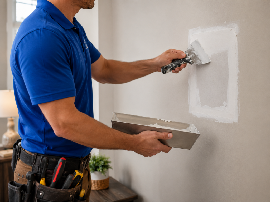 Handyman applying joint compound to a rectangular drywall patch using a taping knife.