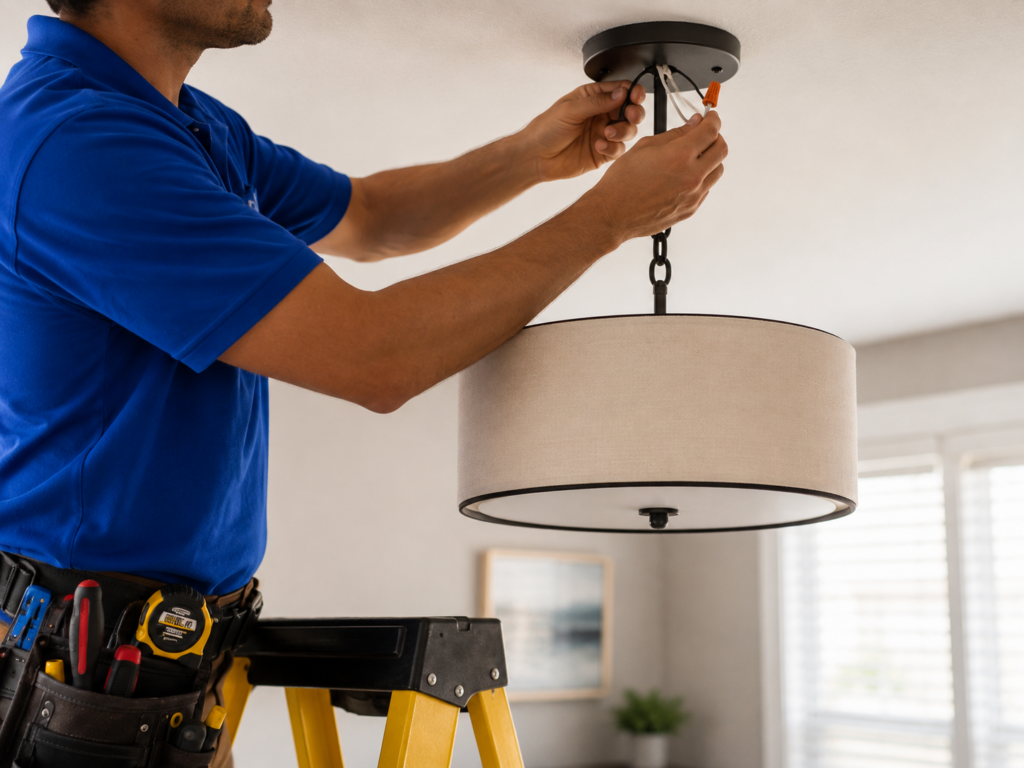 Handyman wiring and installing a drum-style ceiling light fixture from a step ladder.