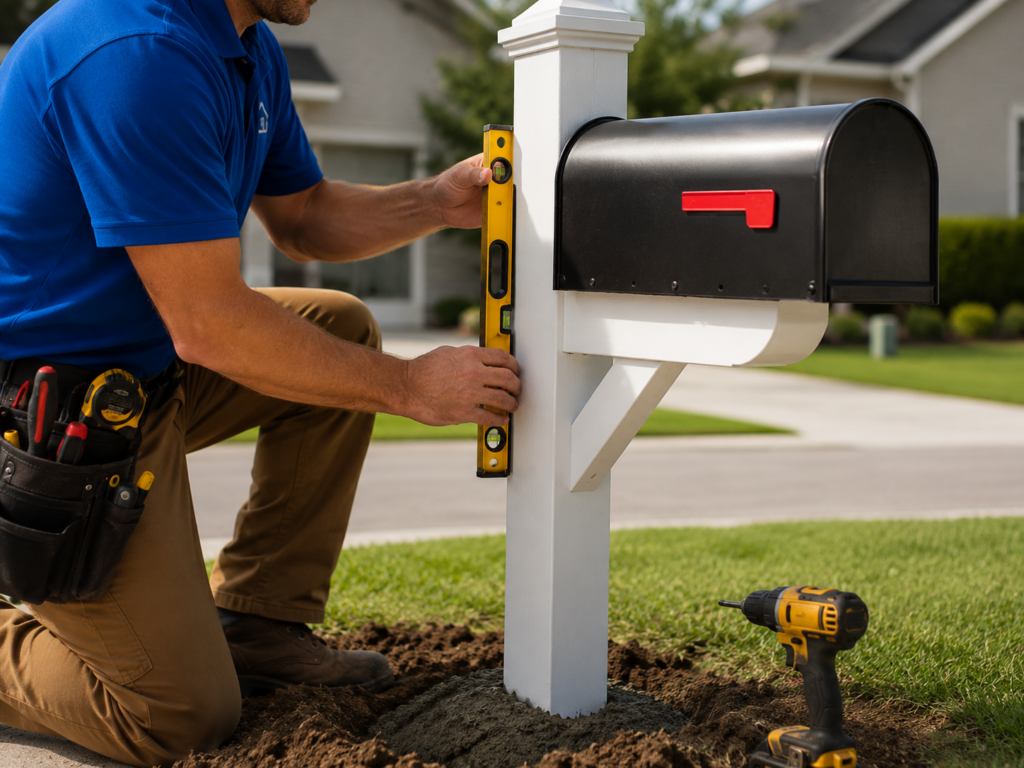 Handyman using a level while installing a new mailbox and post in a suburban front yard.