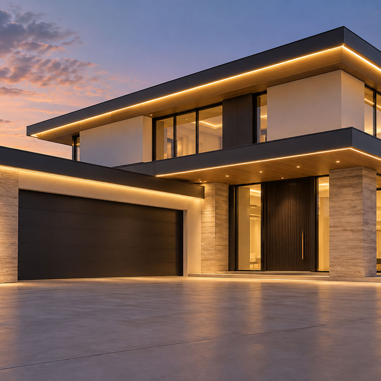 odern home at dusk with a continuous warm-white glow along its roofline
