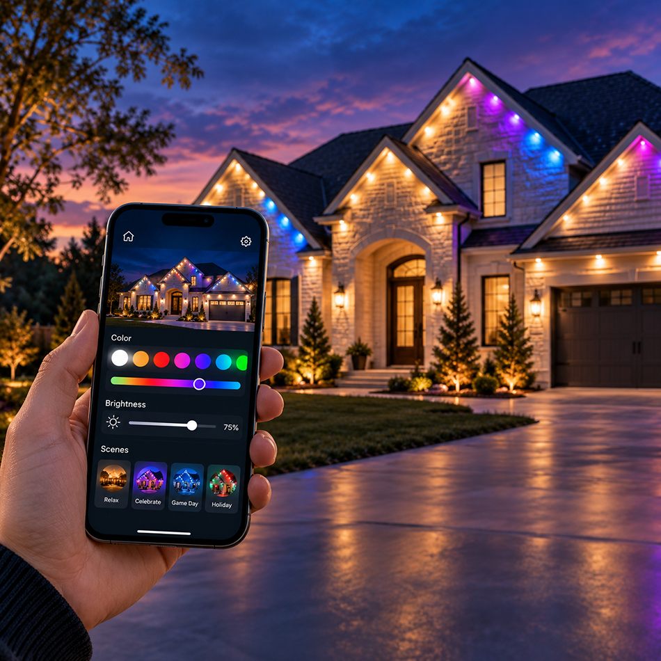 Hand holding a phone with lighting controls in front of a home with colorful permanent roofline lights