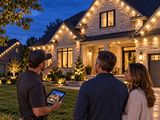 Lighting installer with a tablet showing homeowners permanent roofline lights on a house at dusk
