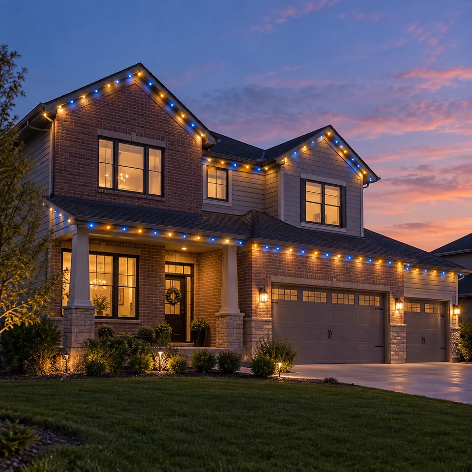 Home with closely spaced blue and gold roofline lights illustrating Haven X-Series Classic for game day