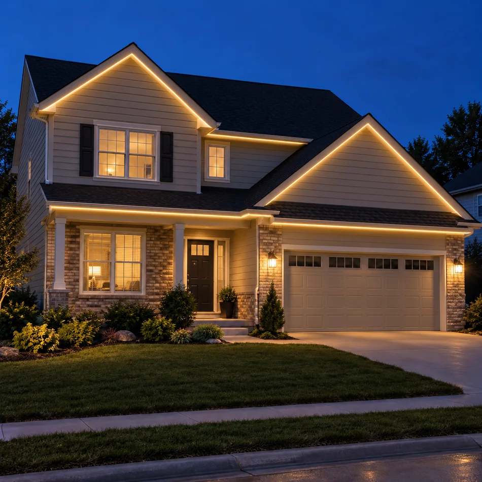 Home with a continuous warm-white glow outlining its roofline