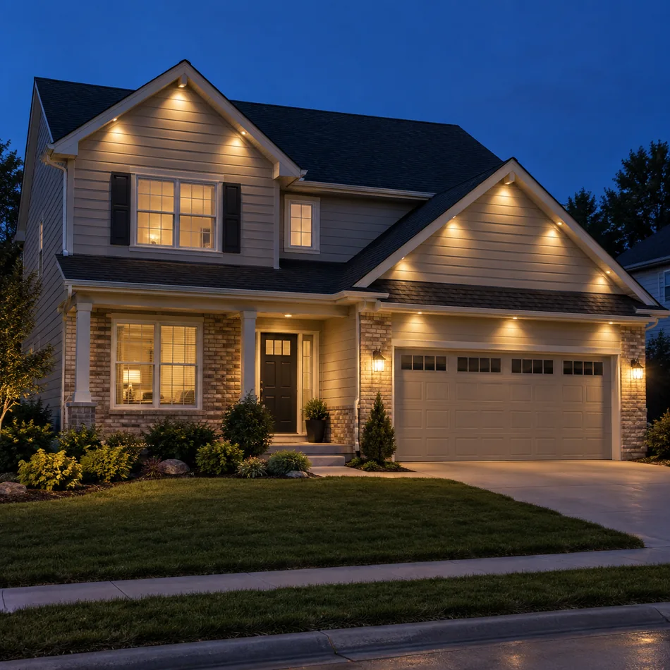 Home with widely spaced, individual warm-white lights along its roofline