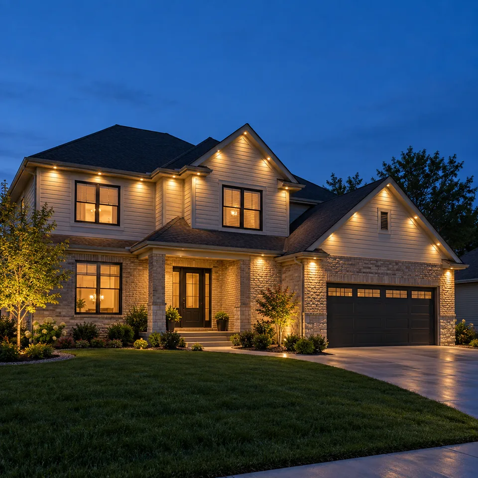 Two-story home with widely spaced warm-white roofline lights illustrating Haven X-Series Genesis