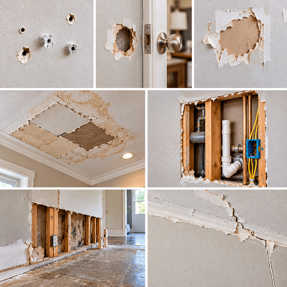Collage showing common drywall damage including holes, water damage, plumbing access cuts, and cracks
