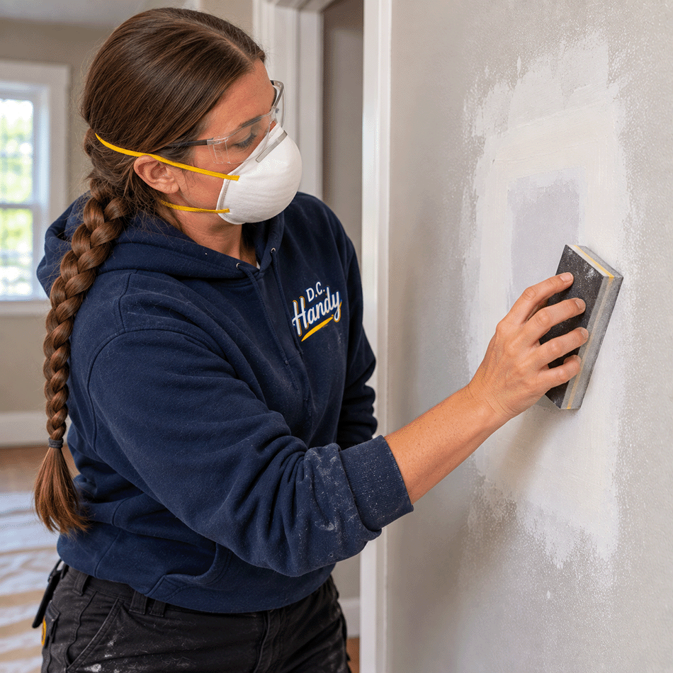 D.C. Handy technician sanding a drywall wall patch during the finishing process